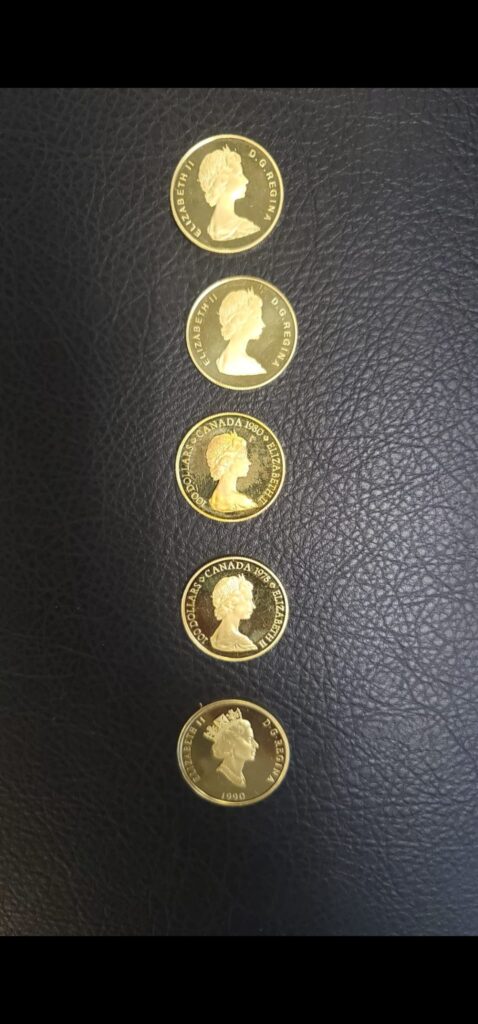 Five small gold coins with a royal portrait laid in a row on black leather