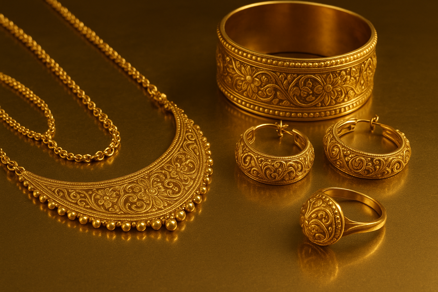 Intricate Kelowna gold jewellery set on gold surface