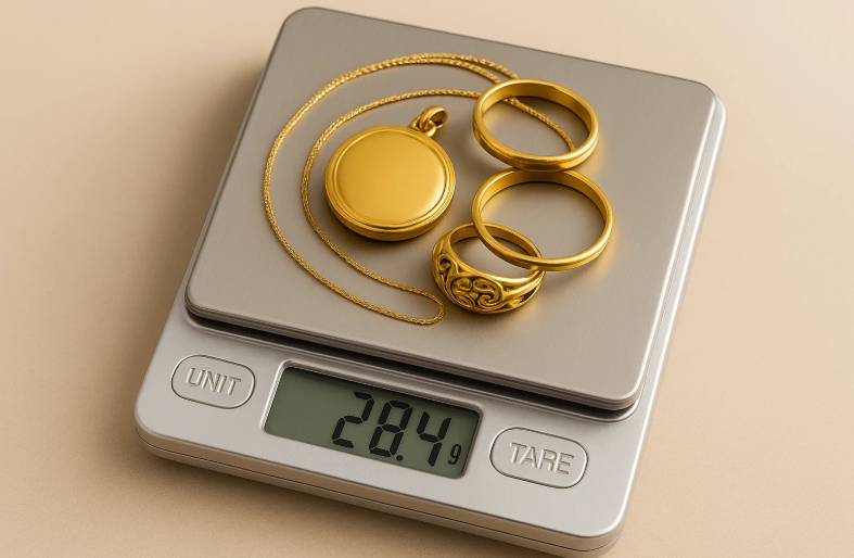 Kelowna jewelers measuring gold rings and pendant on scale