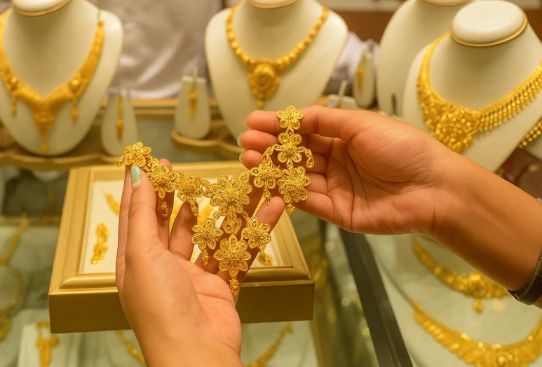 Expert gold buyer evaluating a collection of bullion and jewelry for a Penticton client.