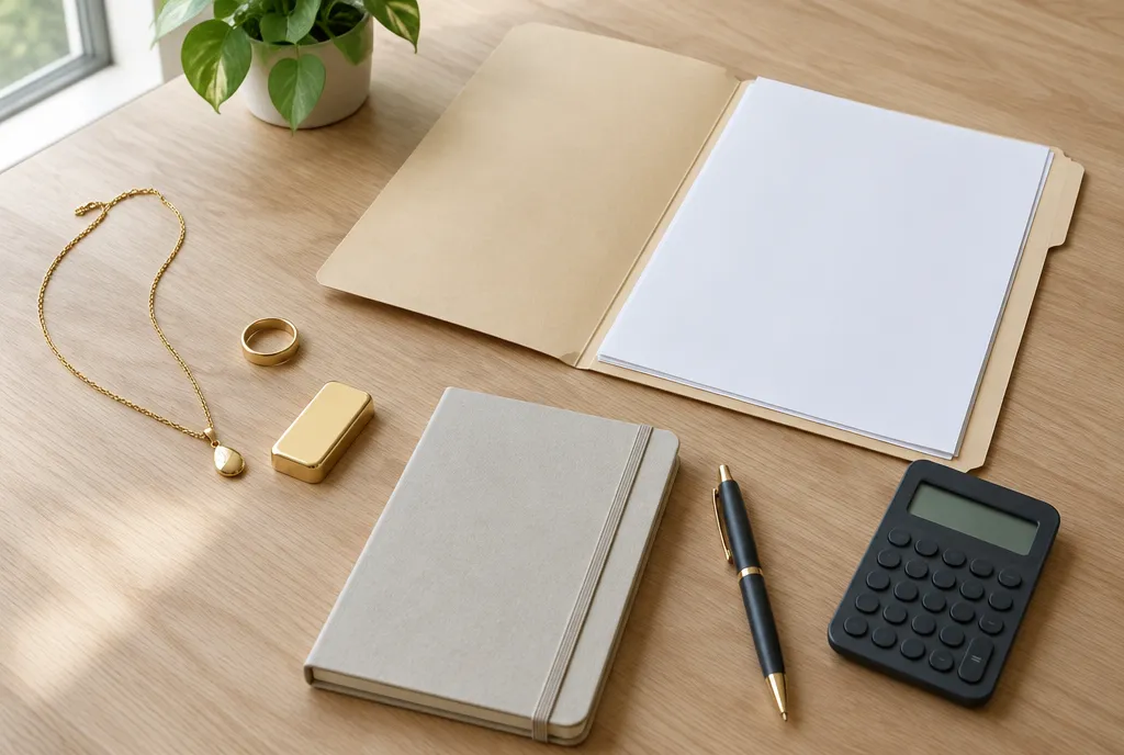 Gold chain, ring, pendant and a small gold bar on a desk beside an open folder, notebook, pen and calculator