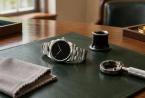Stainless steel wristwatch with a plain black dial on a green leather mat beside a loupe and a case-back tool